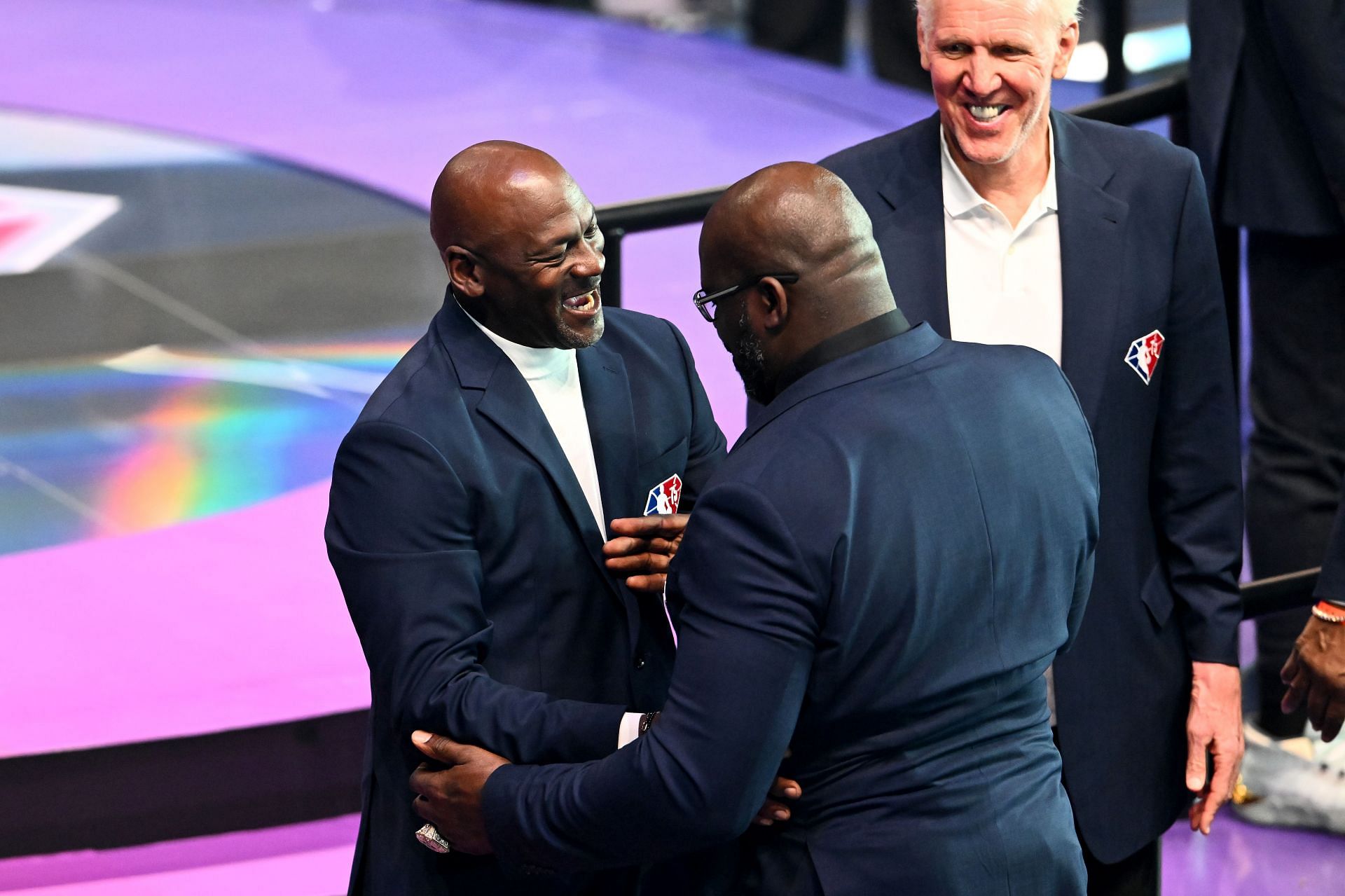 2022 NBA All-Star Game: Shaquille O&#039;Neal, right, and Michael Jordan laughing together