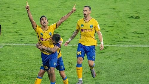 Kerala Blasters' Sahal Abdul Samad celebrates his goal against Jamshedpur FC (Pic courtesy: ISL)