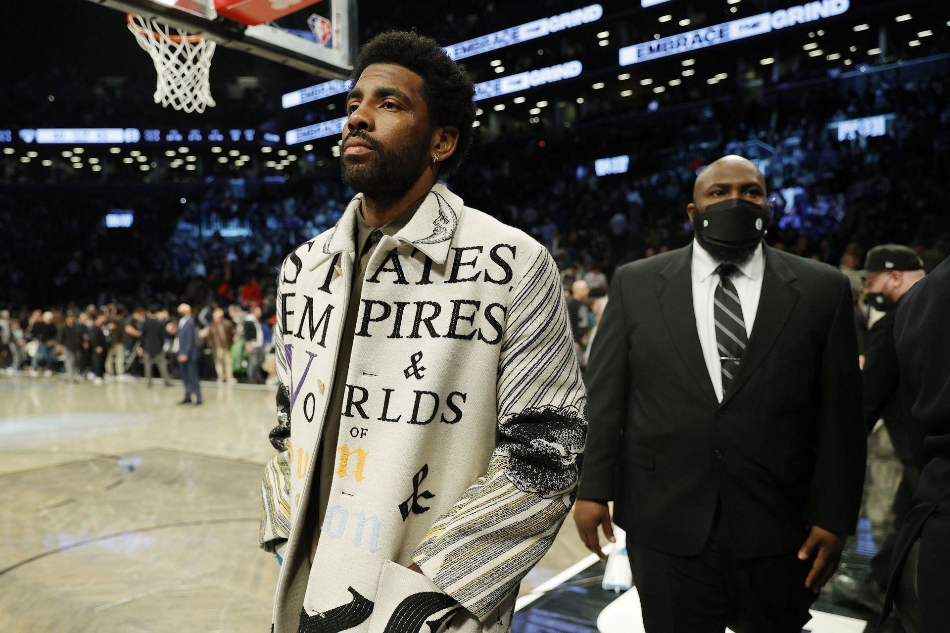 Kyrie Irving of the Brooklyn Nets attends the Nets&#039; game against the New York Knicks at Barclays Center on Sunday in the Brooklyn borough of New York City