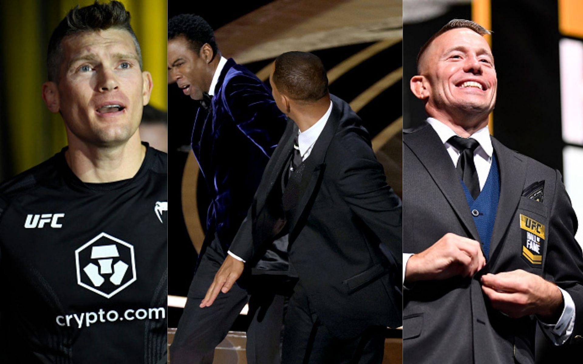 Stephen Thompson (left), Will Smith slapping Chris Rock (middle), and Georges St-Pierre (right)(Images via Getty)