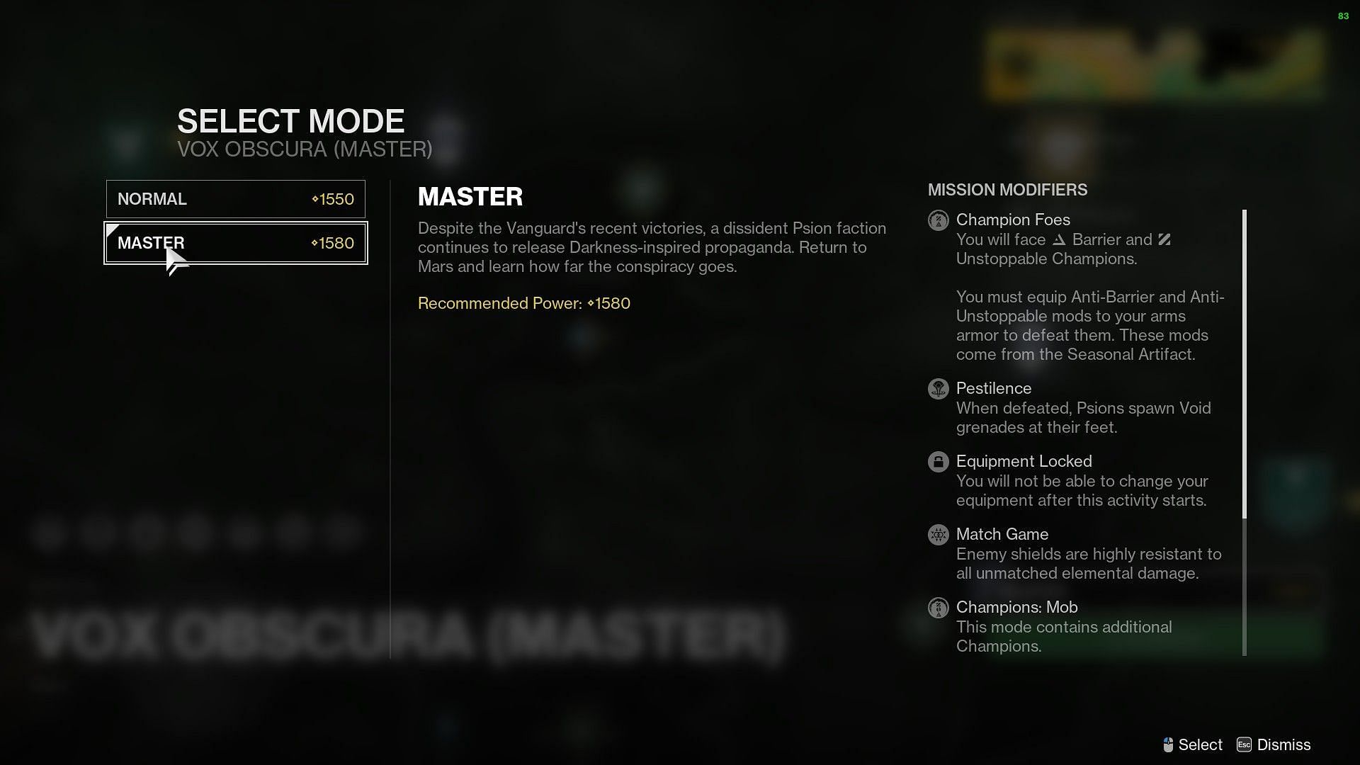 Master Difficulty modifiers for Vox Obscura exotic mission (Image via Destiny 2)