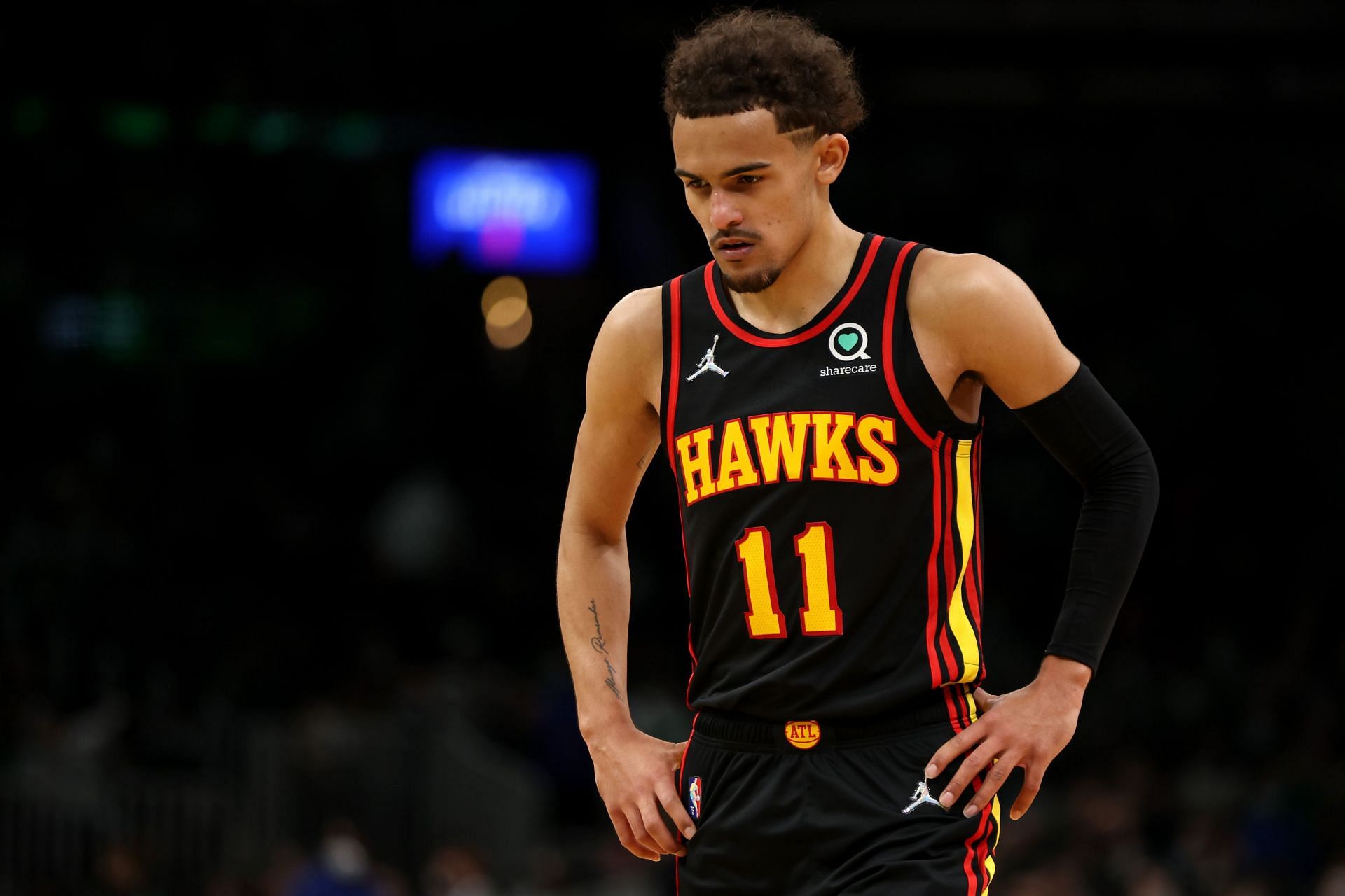 Trae Young reacts after the loss against the Boston Celtics.