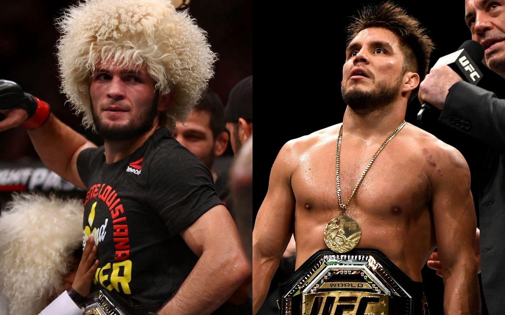 Henry Cejudo (right) compares his body of work to Khabib Nurmagomedov (left)