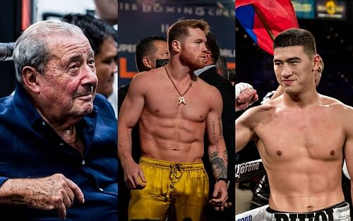 [L-R] Bob Arum, Canelo Alvarez and Dmitry Bivol