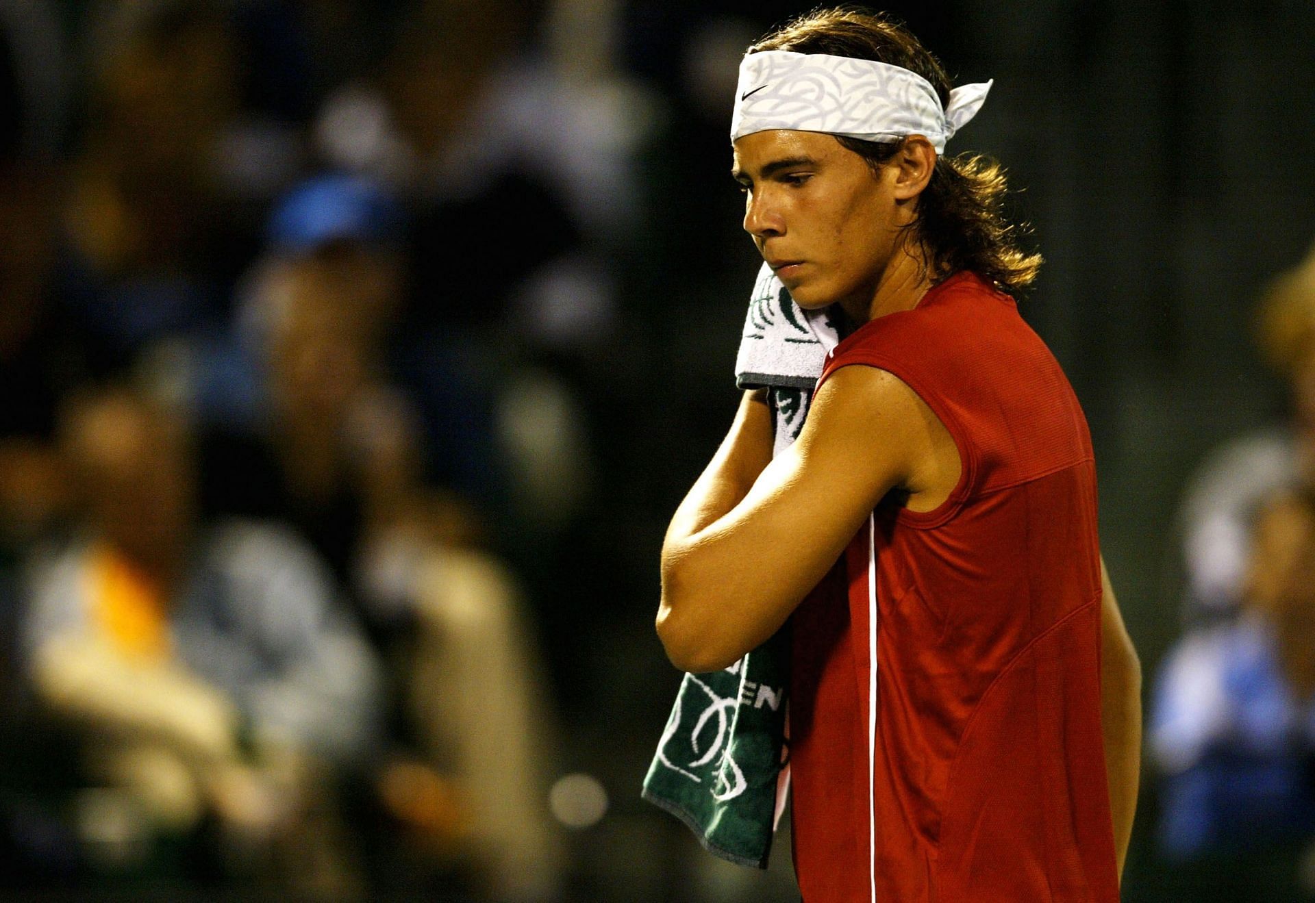 The Spaniard looks on at the 2004 Miami Open.