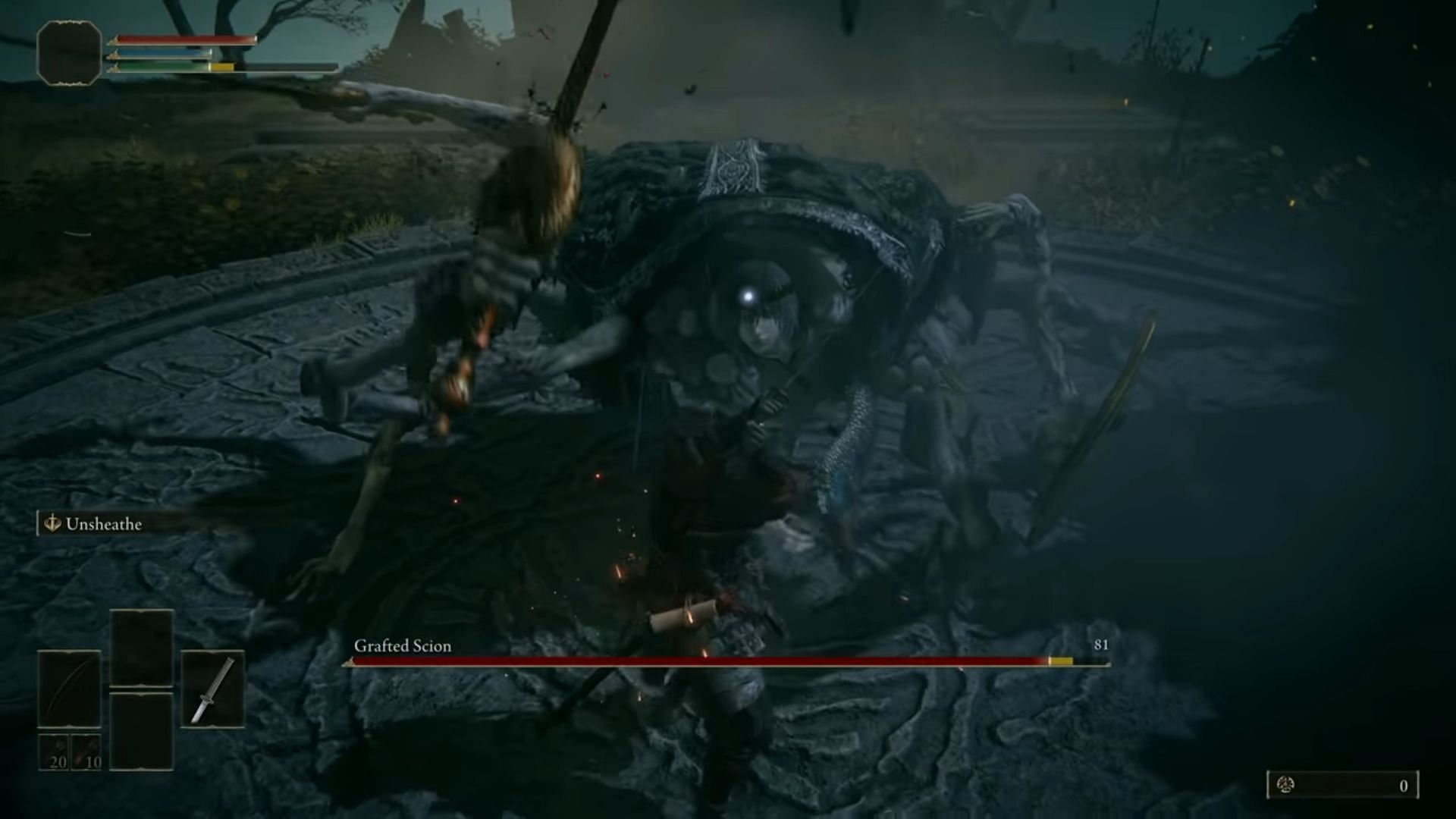 Grafted Scion&#039;s thrusting and spinning attacks in Elden Ring can melt players in no time (Image via Esoterickk/Youtube)
