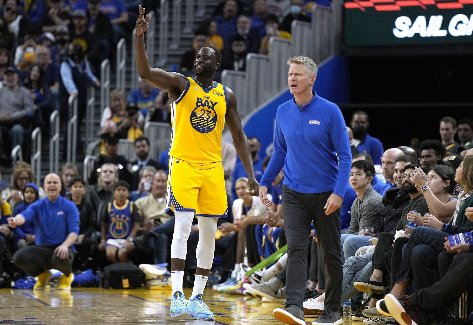 Draymond Green and coach Steve Kerr of the Golden State Warriors react when Green was ejected after receiving his second technical foul against the San Antonio Spurs on March 20 in San Francisco, California.