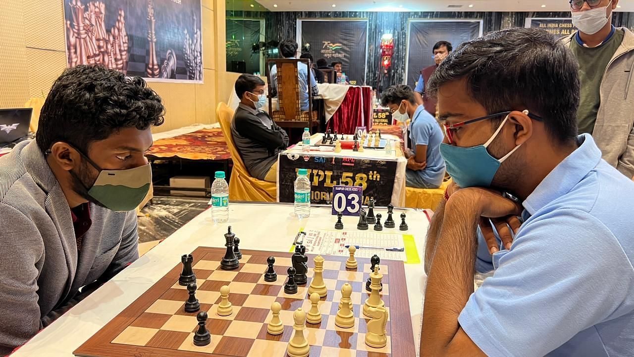 GM Iniyan P of Tamil Nadu (R) upset top seed GM Adhiban B of PSPB at the Chess Nationals in Kanpur on Tuesday. (Picture: AICF)