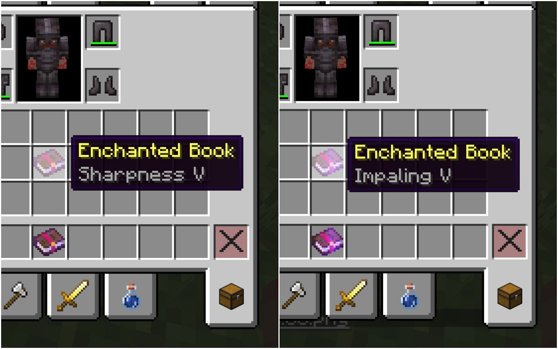 Sharpness and Impaling enchanted books (Image via Minecraft)