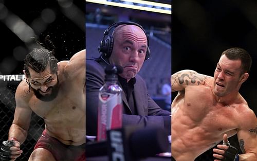 Jorge Masvidal [left], Joe Rogan [center], Colby Covington [right]