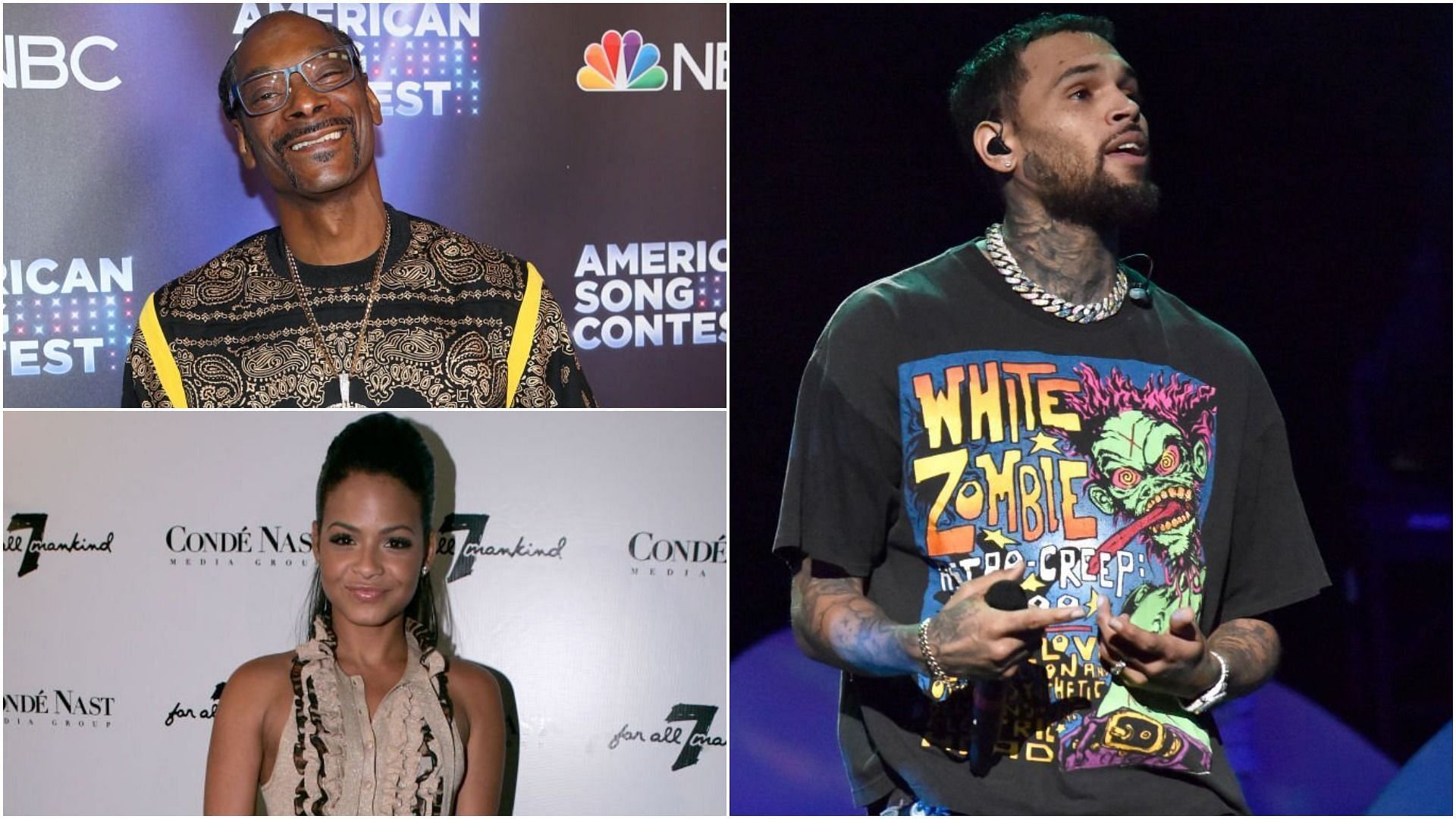 Snoop Dogg, Christina Millan, and Chris Brown were spotted performing at Umar Kamani&#039;s birthday party (Images via Phillip Faraone, Chris Weeks, and Tim Mosenfelder/Getty Images)