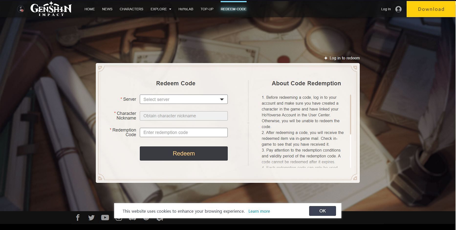 Official code redemption website (Image via Hoyoverse)