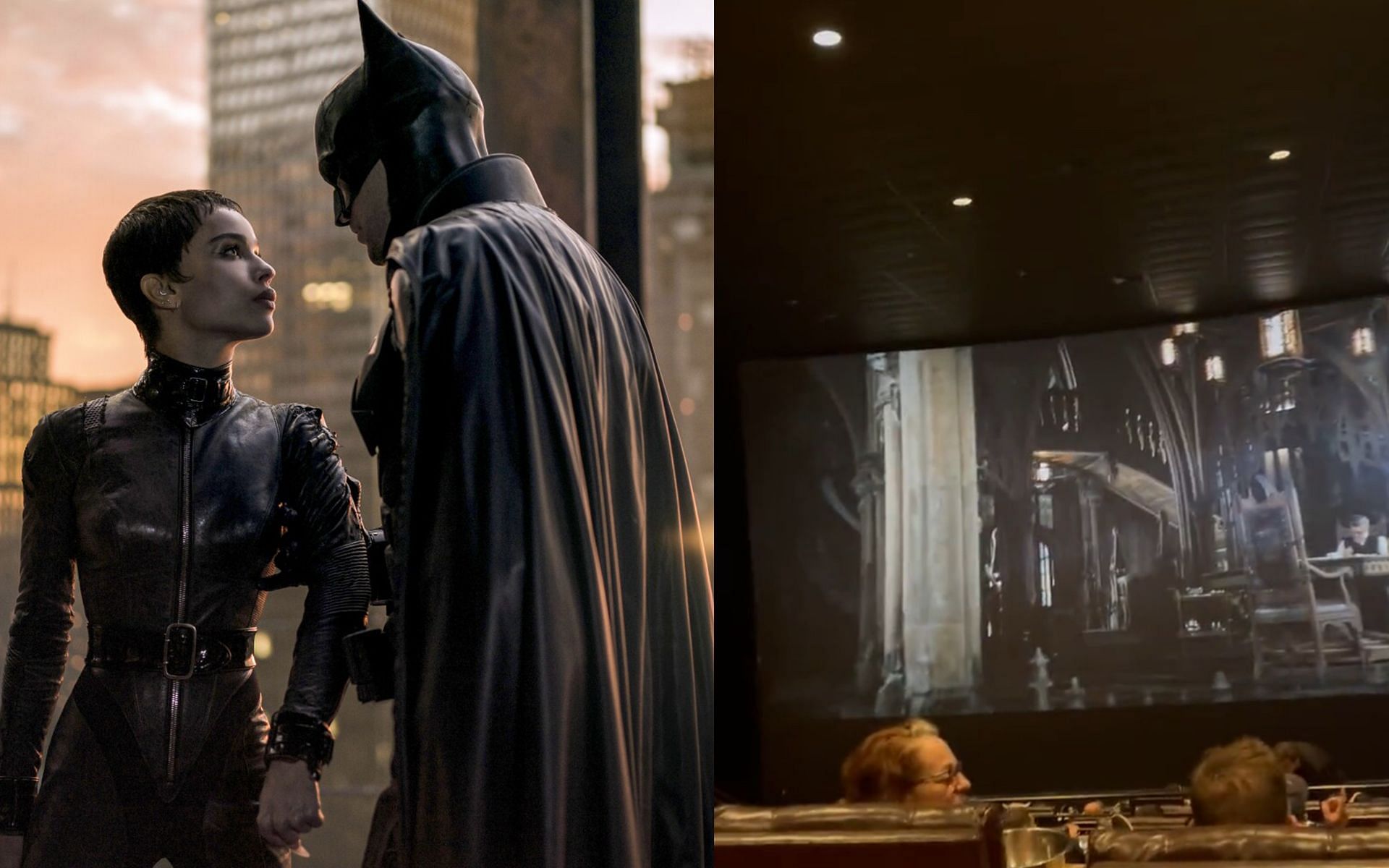 The Batman playing in a theater as live bats show up (Image via LA Times and Twitter)