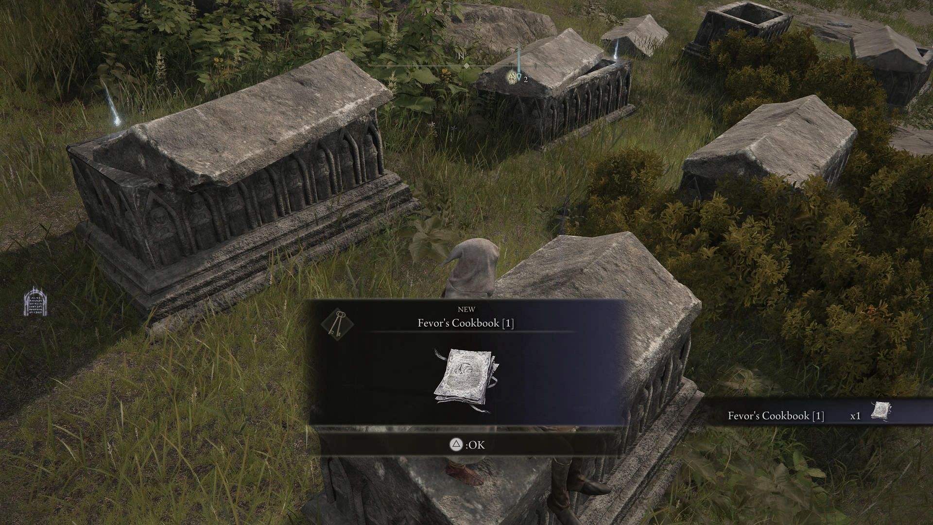 When players loot the corpse in the graveyard they will find the Fevor&#039;s Cookbook (1). (Image via Elden Ring)