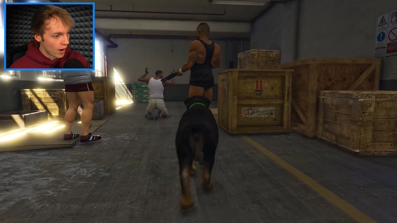 Chop found the kidnappers in a warehouse in GTA 5 using mods (Image via YouTube/@Nought)