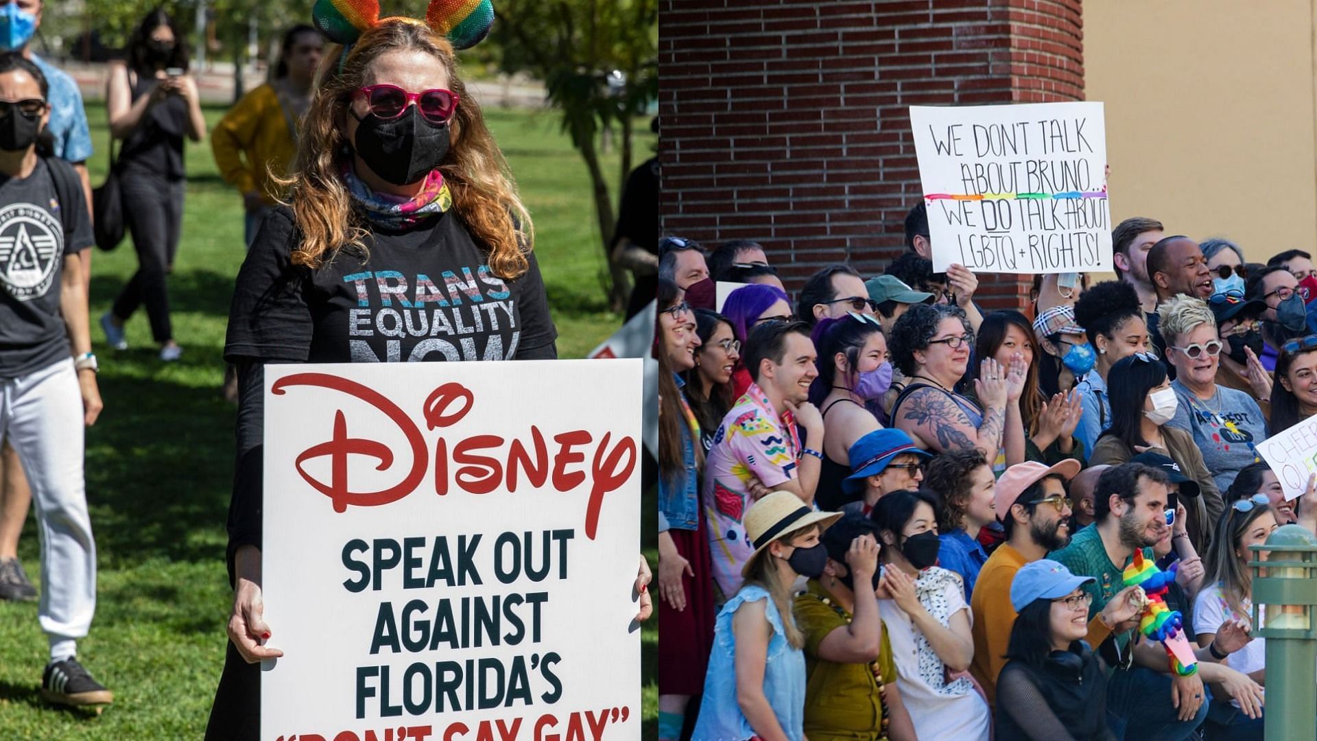 Disney employees organized a walkout over the companies response to Florida&#039;s &quot;Don&#039;t Say Gay&#039; bill (Image via Alisha Jucevic/Getty Images and Irfan Khan/Getty Images)