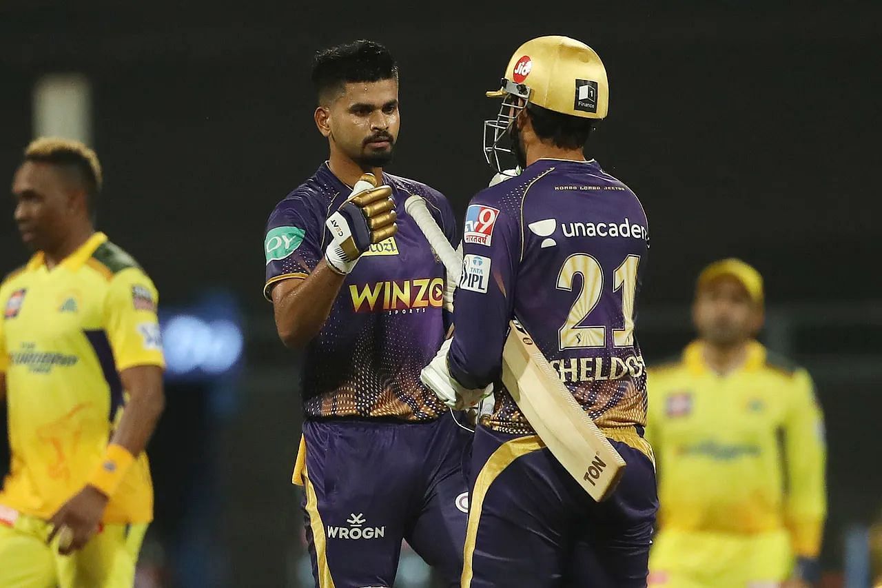 KKR&#039;s Shreyas Iyer and Sheldon Jackson celebrate the win over CSK.