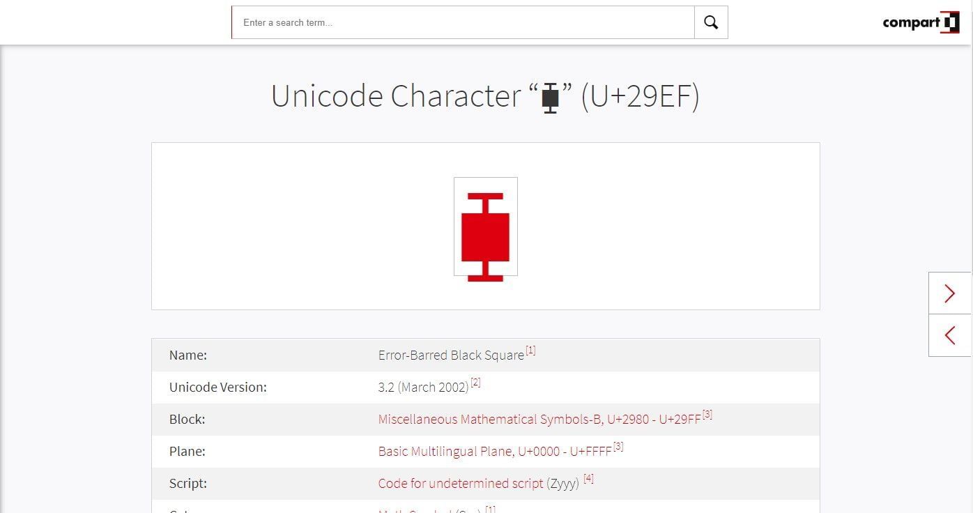 Search for &quot;U+29EF&quot; in the search box (Image via compart.com)