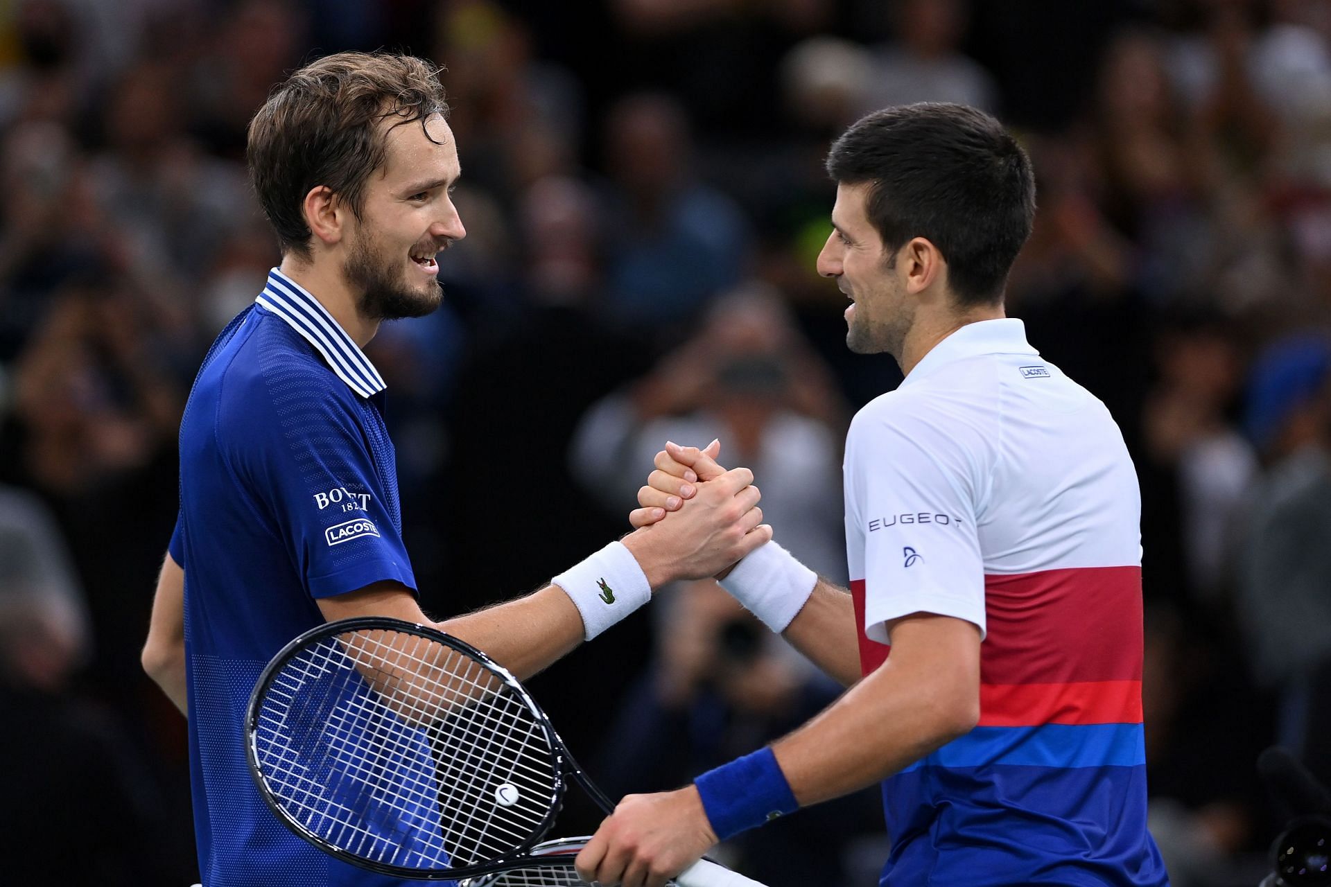 Daniil Medvedev with Novak Djokovic at the 2021 Rolex Paris Masters