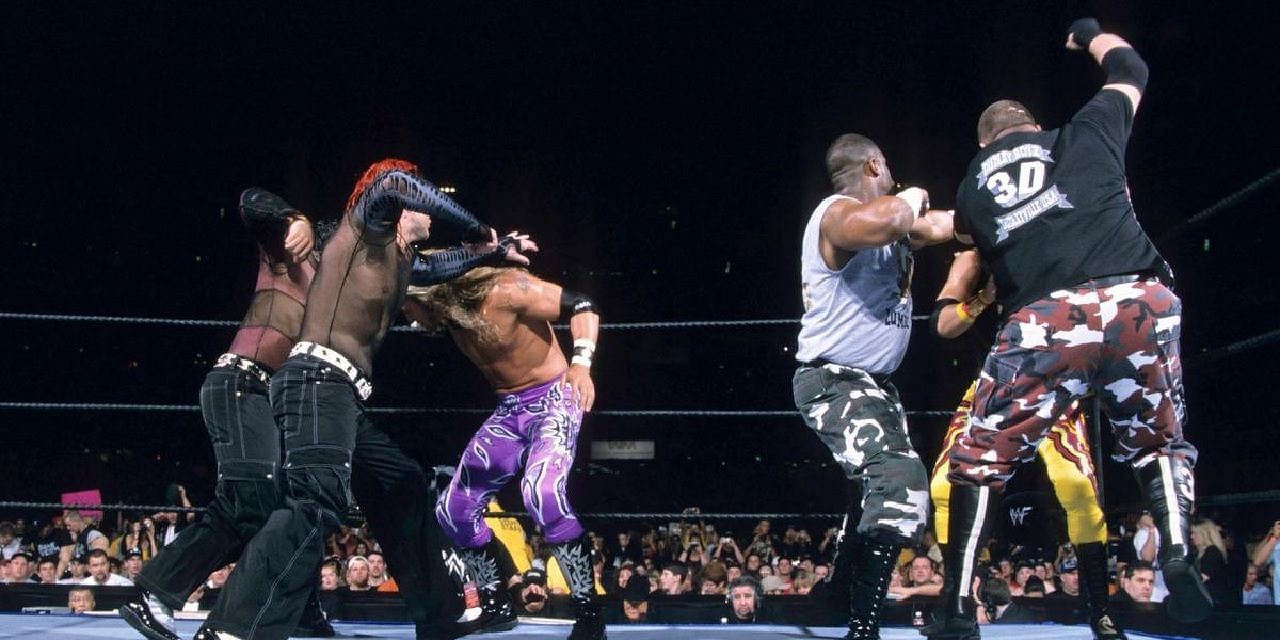 The Dudley Boyz do battle with The Hardys and Edge and Christian at WrestleMania 17