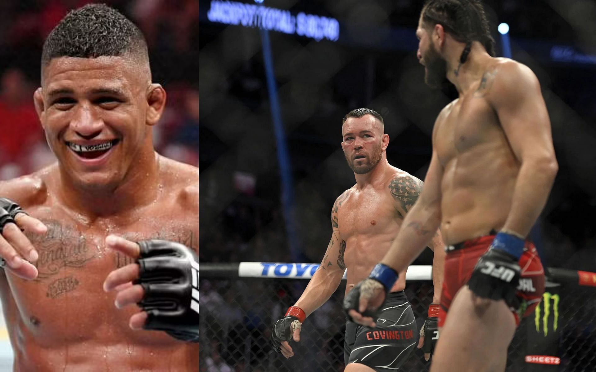 Gilbert Burns (left); Colby Covington and Jorge Masvidal (right)