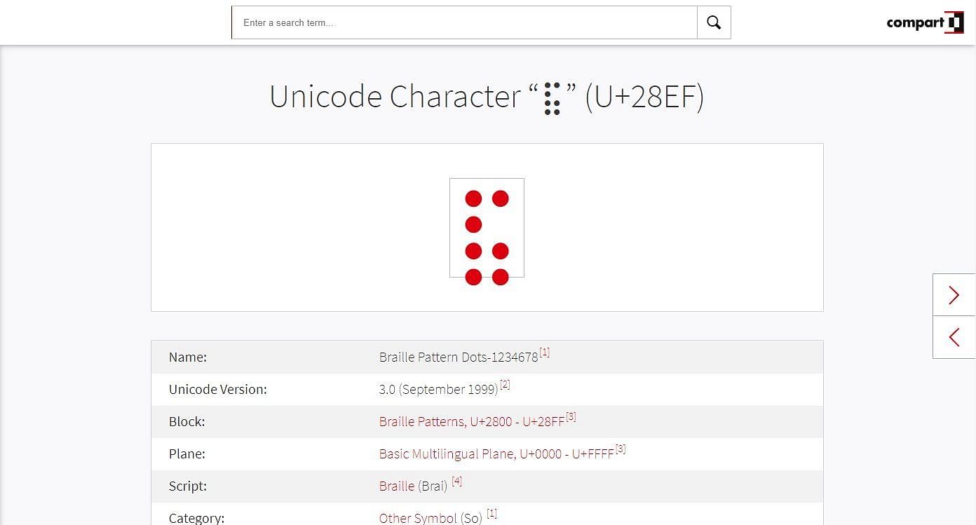 Search for &quot;U+28EF&quot; in the search box (Image via compart.com)