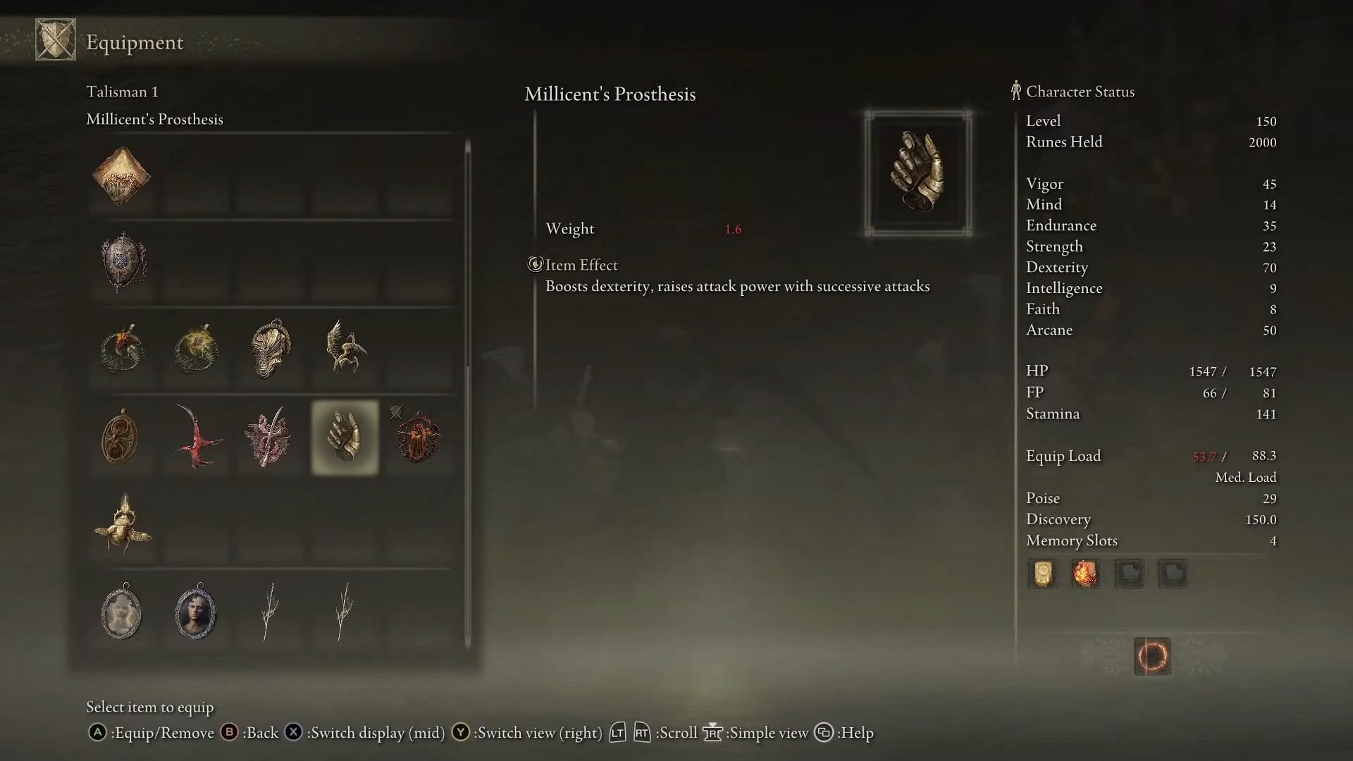 Millicent&#039;s Prosthesis works very well with dexterity builds (Image via BDX Ronin Gaming/YouTube)