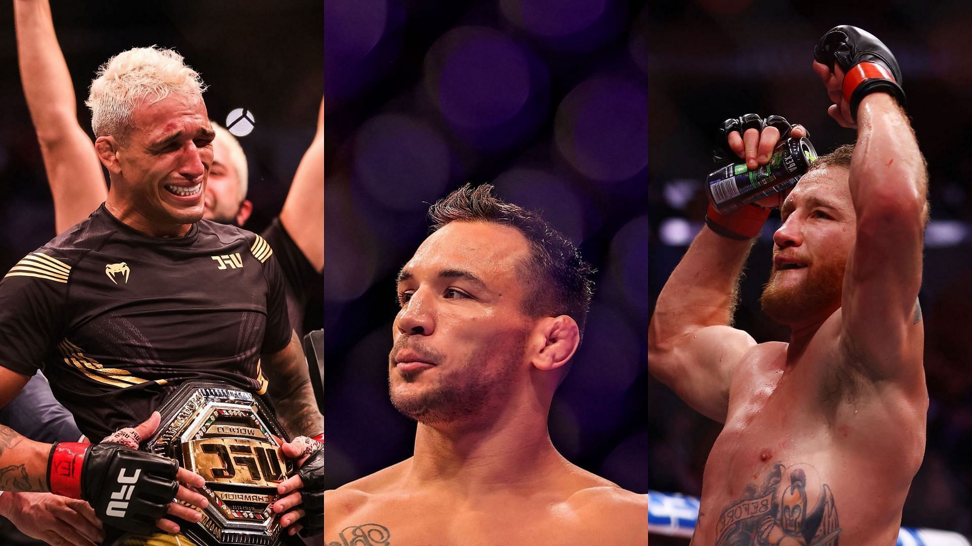 Michael Chandler (center) gives his prediction for Charles Oliveira (left) vs. Justin Gaethje (right) [Images courtesy of Getty]