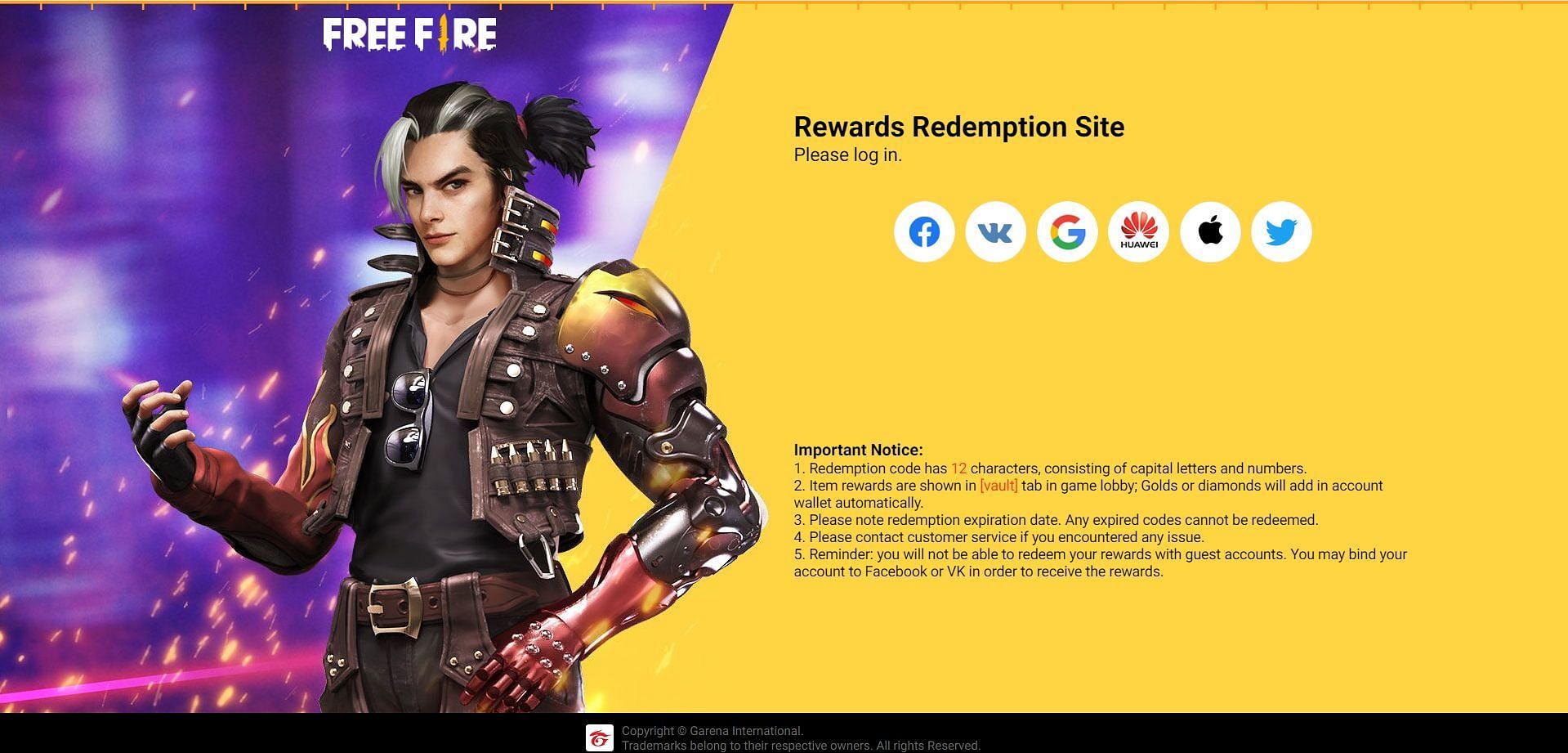 Garena Free Fire की आधिकारिक रिवार्ड रिडिम्प्शन वेबसाइट (Image via Garena)