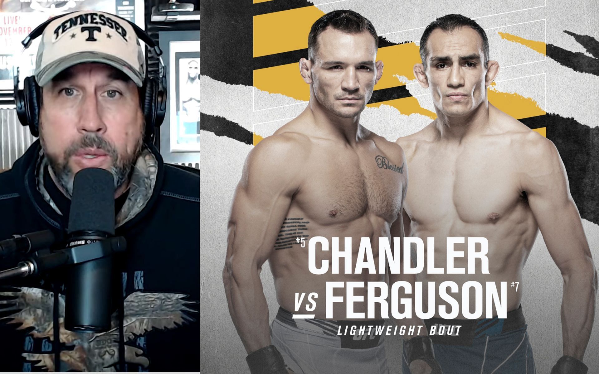 John McCarthy (left) via. Youtube/WeighinIn; Chandler (centre) vs. Ferguson (right) UFC 274 official poster