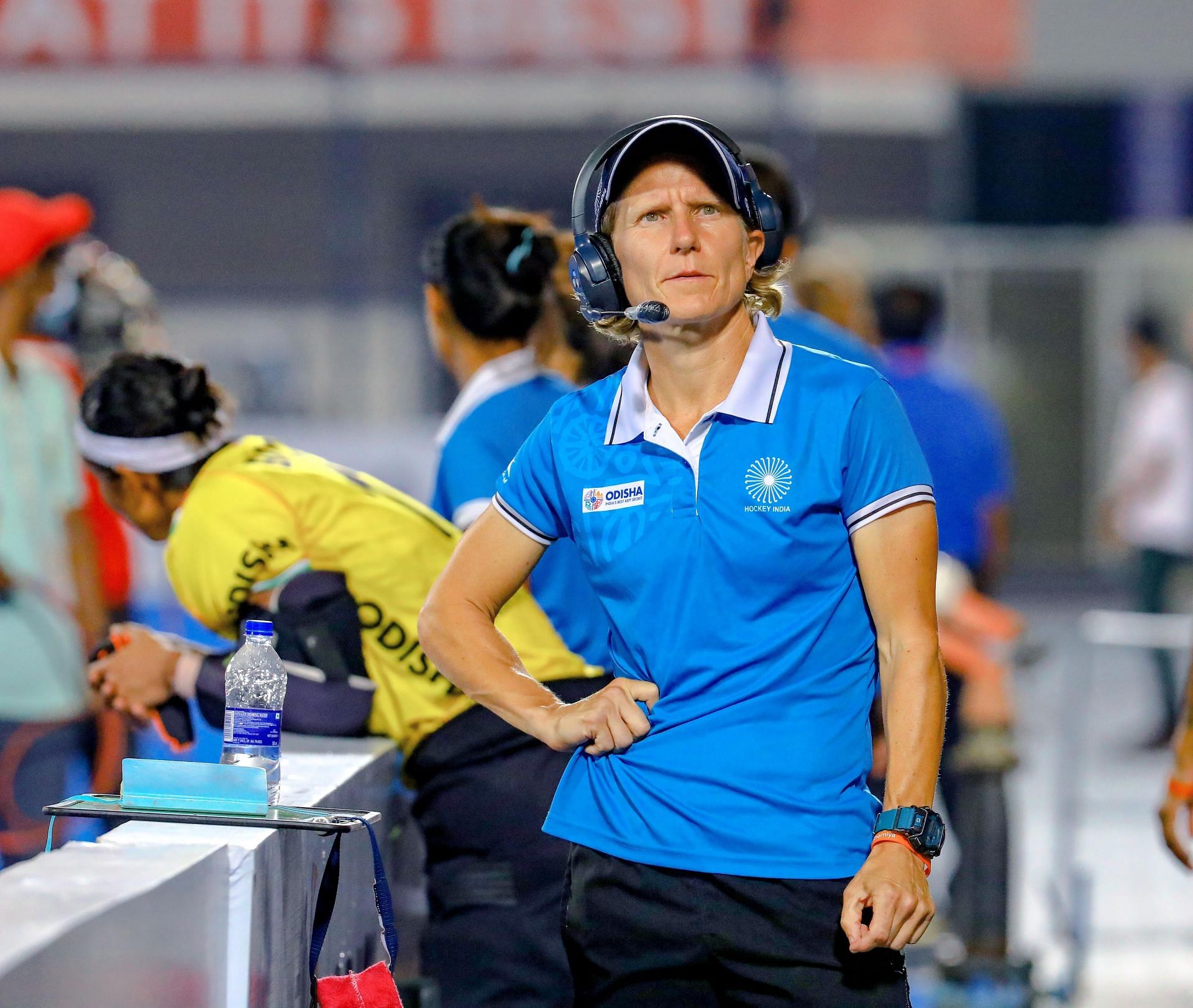 Indian team chief coach Janneke Schopman during an FIH Pro League match. (PC: Hockey India)