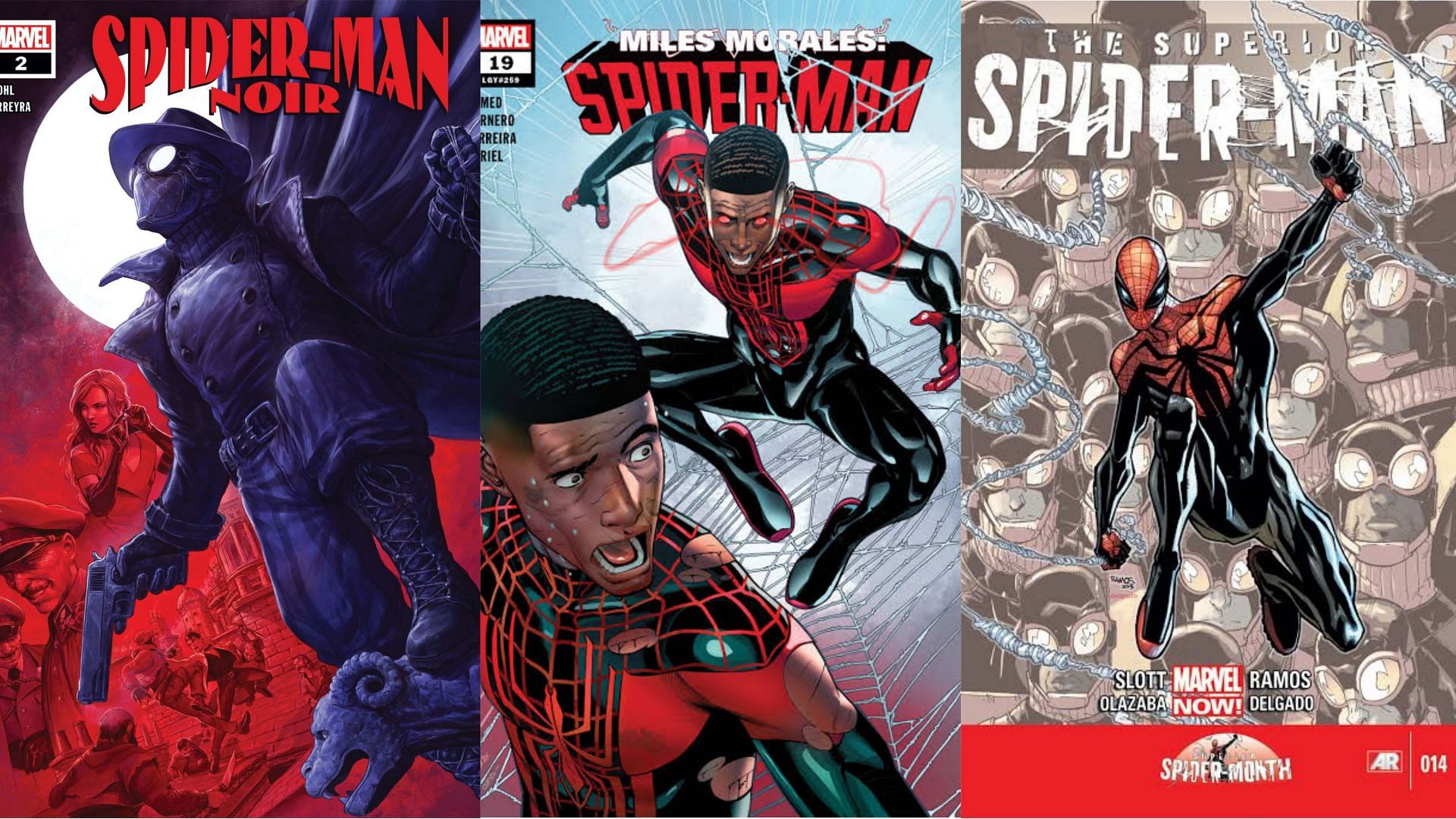 Spider-Man Noir, Miles Morales and Superior Spider-Man (Image via Marvel Comics)