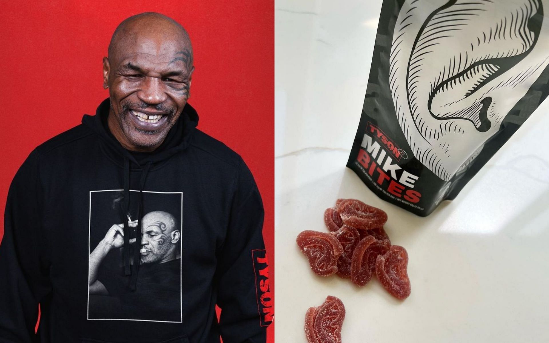 Mike Tyson (left); ear-shaped edibles launched by Tyson 2.0 (right). Image via. Instagram/Tyson2.0