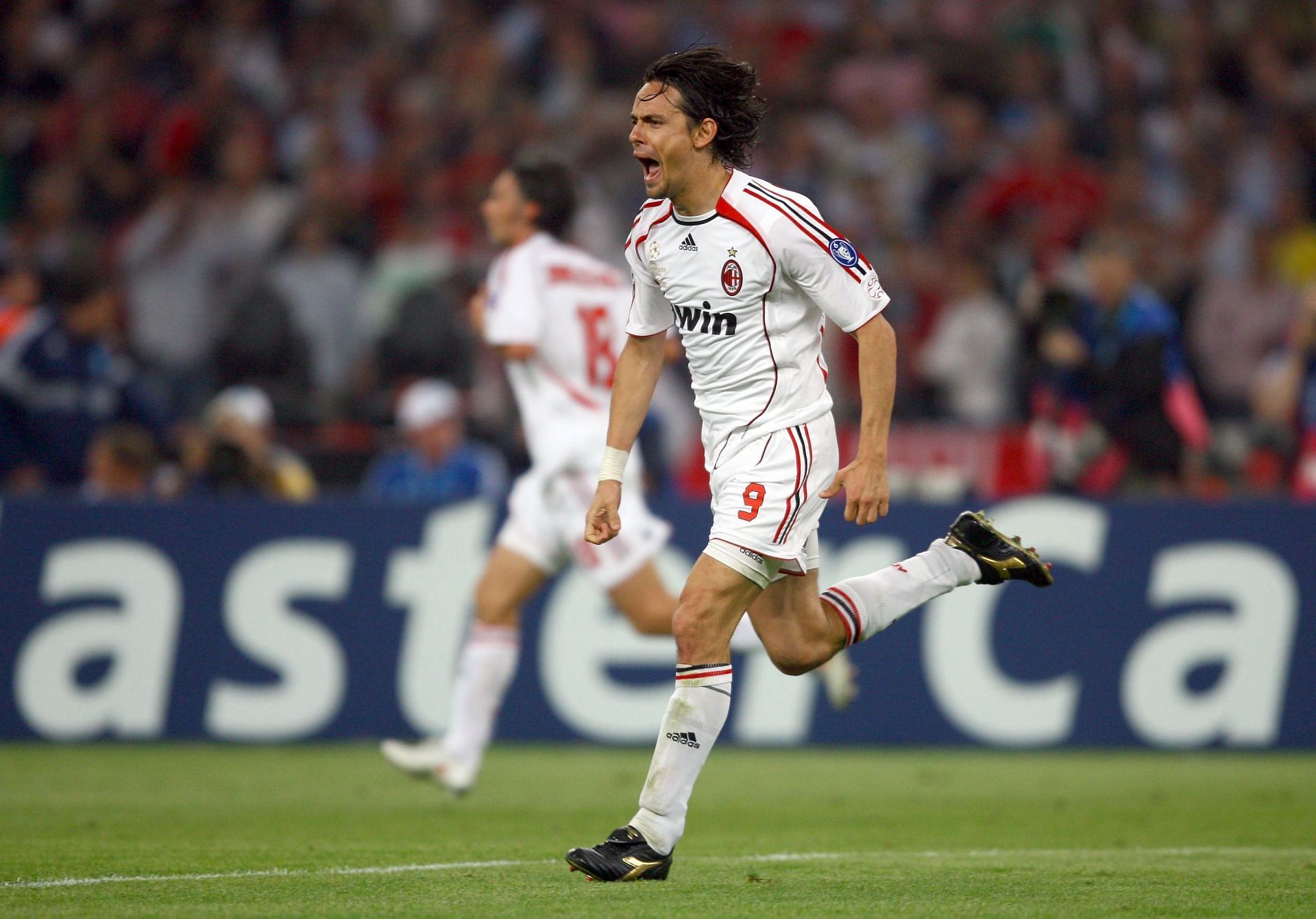 Filippo Inzaghi celebrates after scoring in the Final versus Liverpool