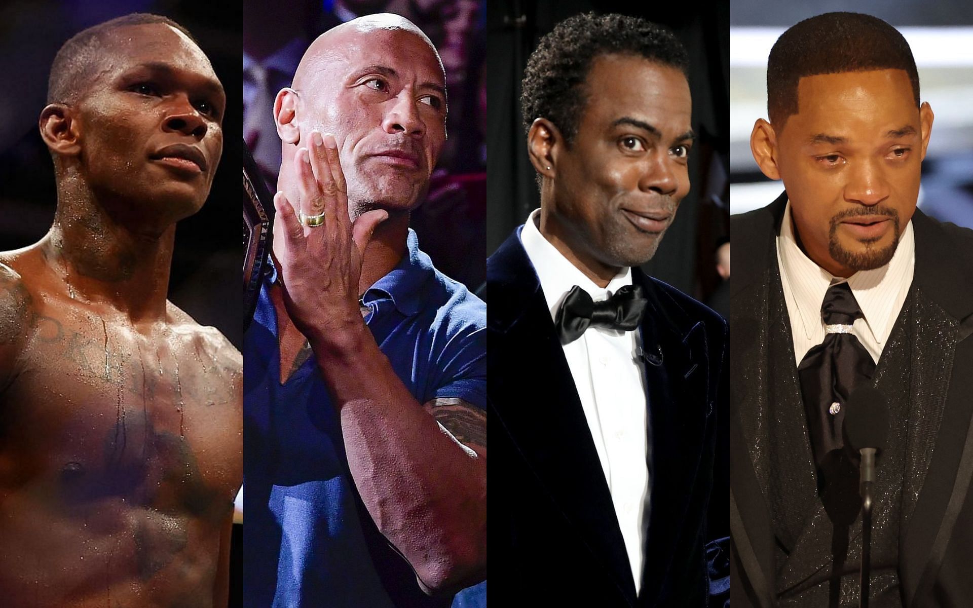 L-R: Israel Adesanya, The Rock, Chris Rock, and Will Smith [Photo credit: @Complex on Twitter]