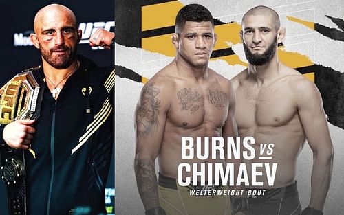 Alexander Volkanovski (left); UFC 273 official poster featuring Burns and Chimaev