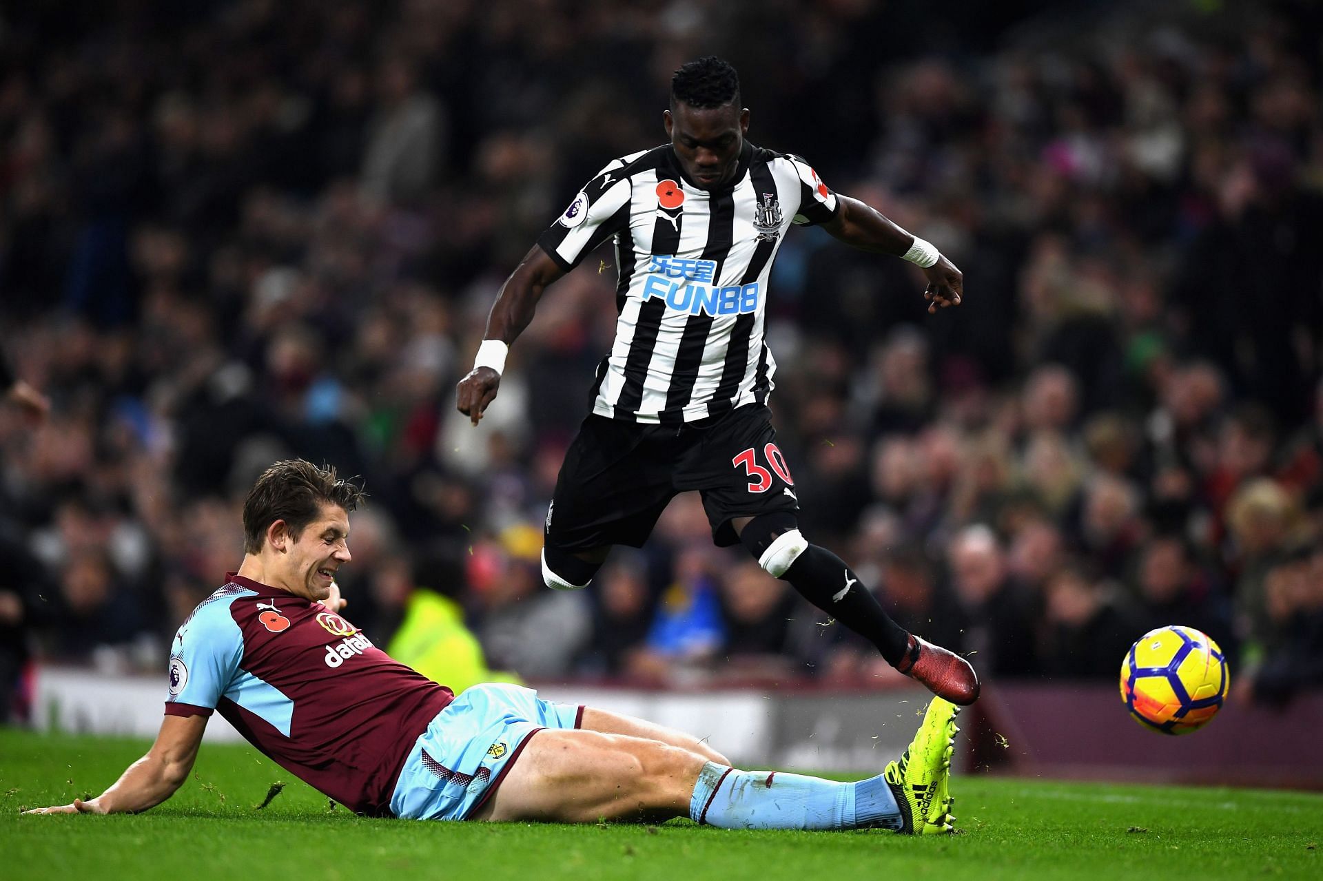 James Tarkowski with a strong tackle against Newcastle United