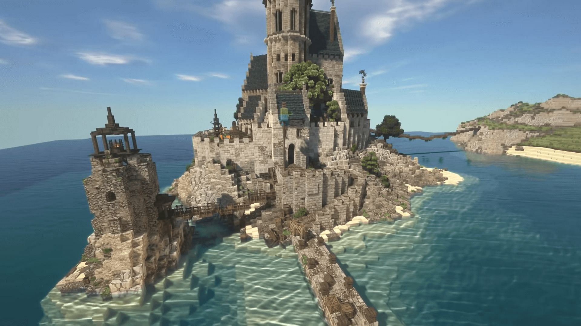 This island-based castle makes impressive use of the small land footprint it has (Image via Viggoman Plays, YouTube)
