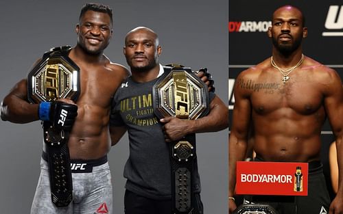 Francis Ngannou and Kamaru Usman (left); Jon Jones (right) [Left photo via @francis_ngannou on Twitter]