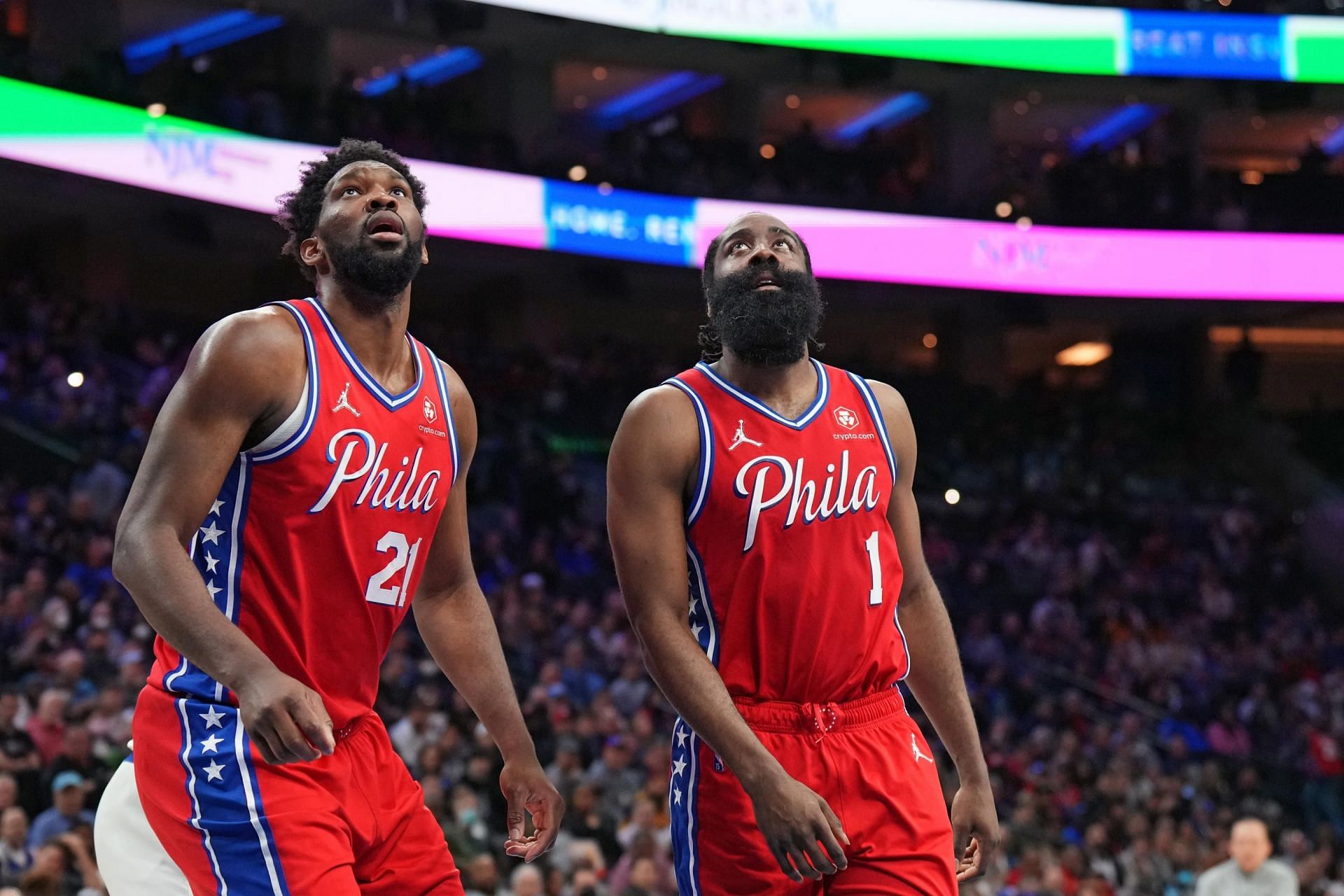 The Philadelphia 76ers' sizzling Dynamic Duo of Joel Embiid, left, ahd James Harden sensationally fizzled in their biggest test of the season. [Photo: Bleacher Report]