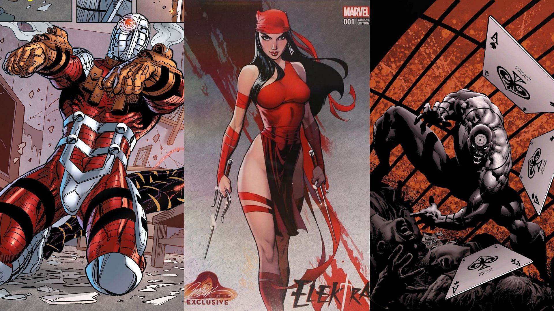Deadshot, Elektra, and Bullseye (Image via Marvel Comics/DC Comics)