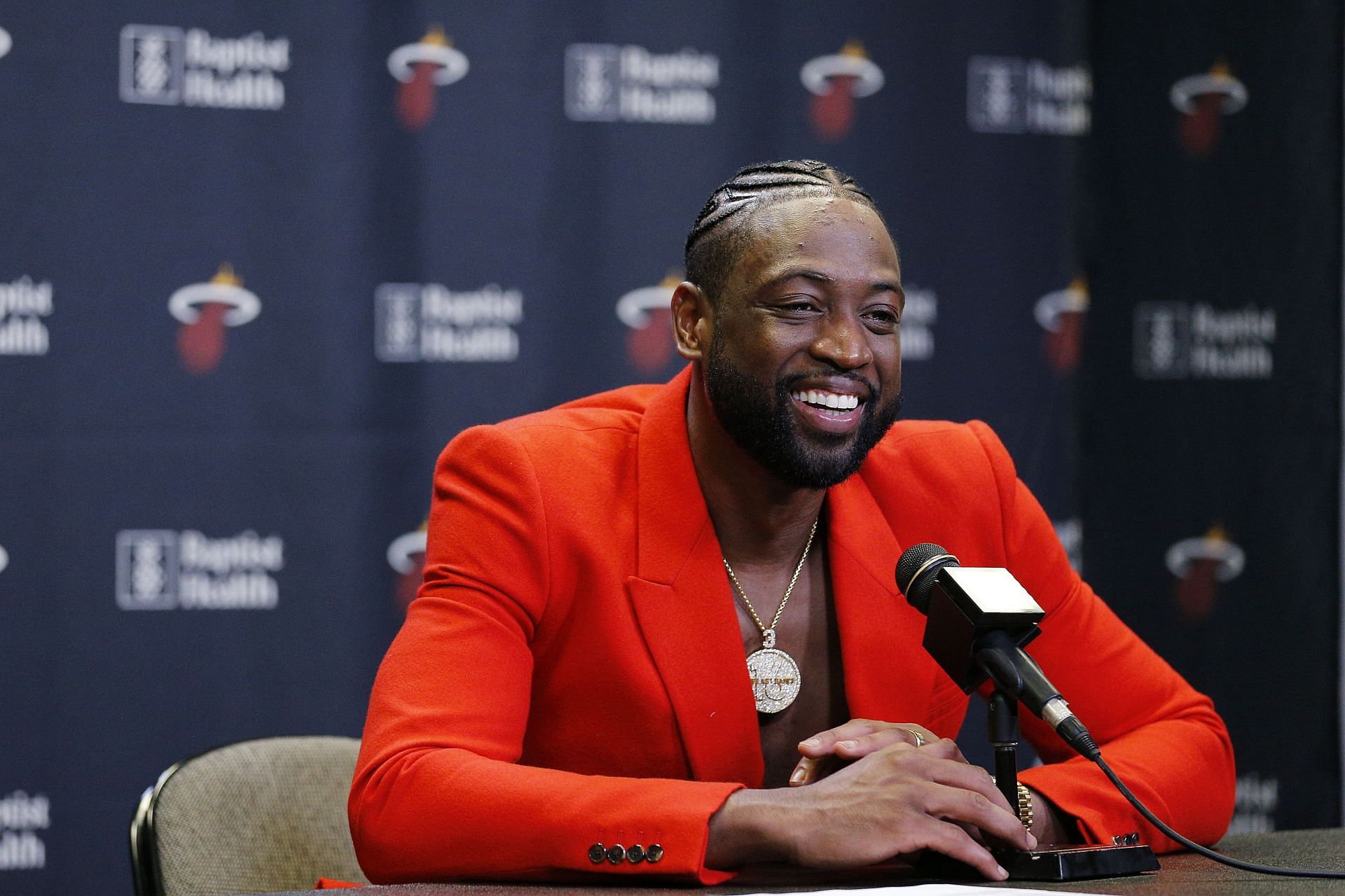 Dwyane Wade #3 of the Miami Heat addresses the media after his final regular-season home game.