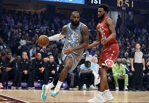 2022 NBA All-Star Game; Andrew Wiggins guards LeBron