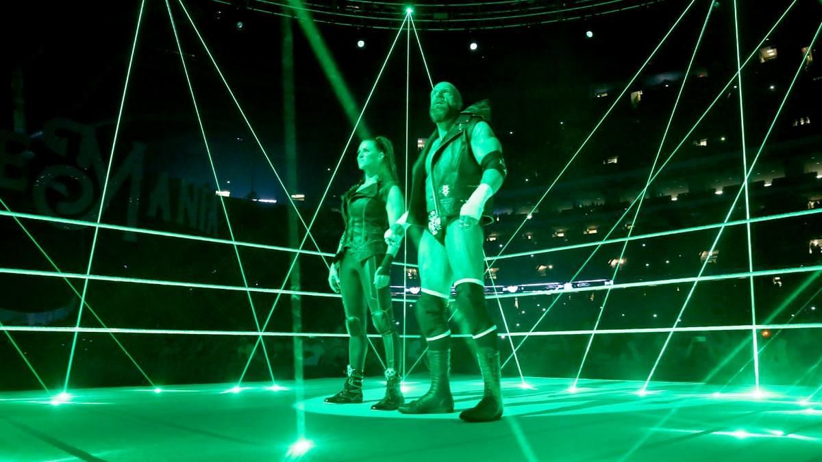 Triple H and Stephanie McMahon during their entrance at WrestleMania 34