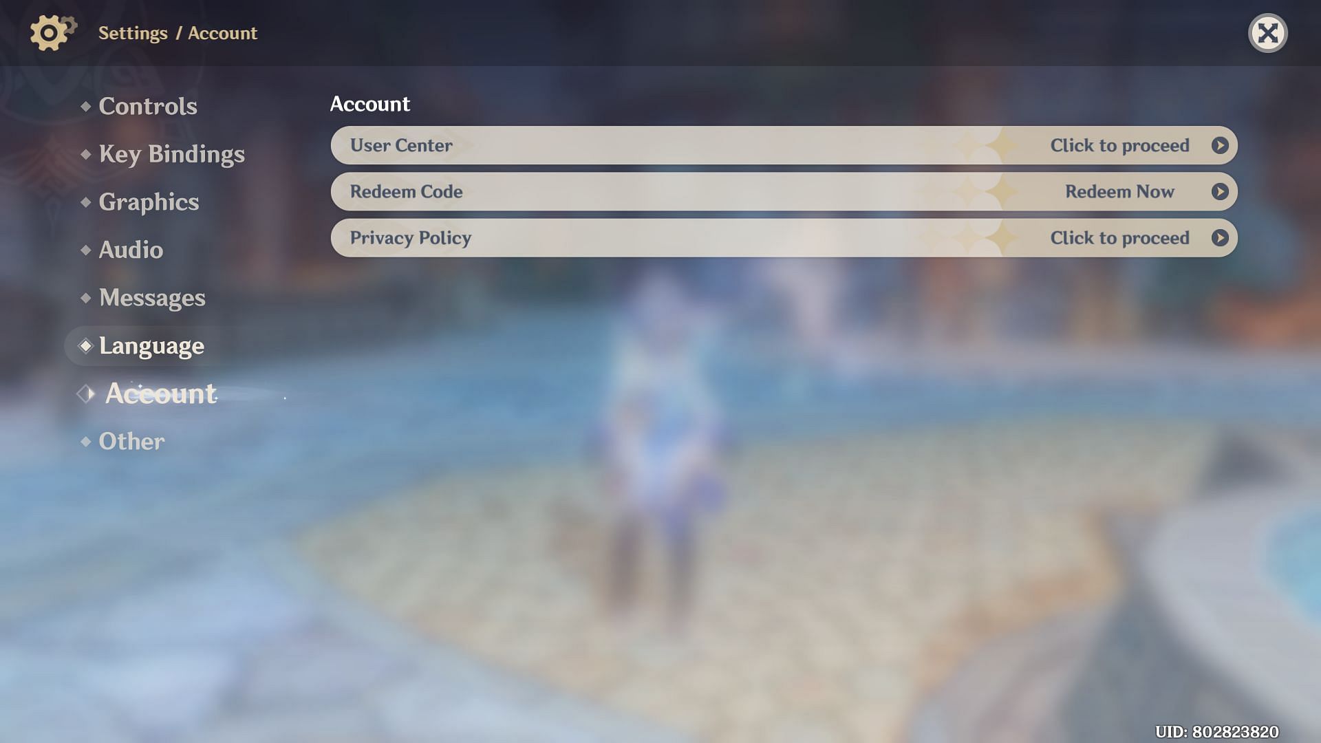 PC Account tab inside Settings menu (Image via Genshin Impact)