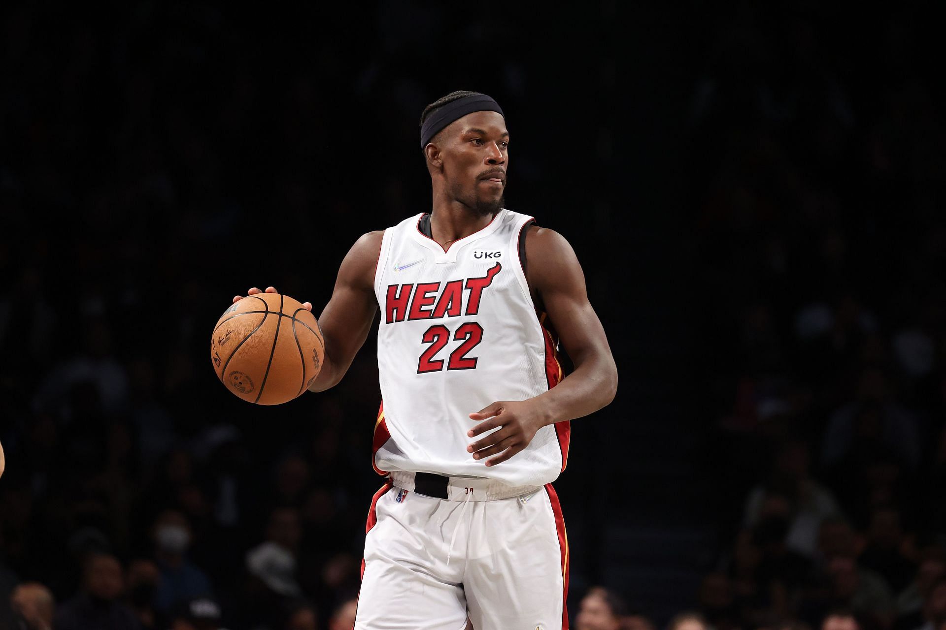 Jimmy Butler #22 of the Miami Heat drives against the Brooklyn Nets during their game at Barclays Center on October 27, 2021 in New York City.