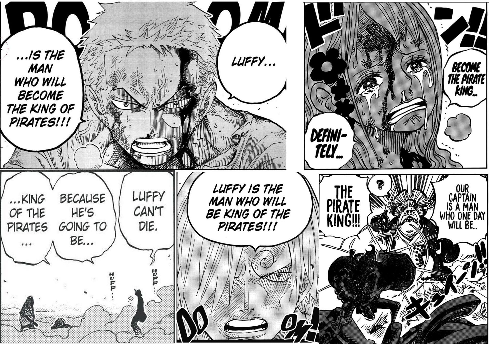 A fanmade Collage of the Straw Hats reaffirming Luffy&#039;s catchphrase of becoming pirate king (Image via SagaB/Twitter)