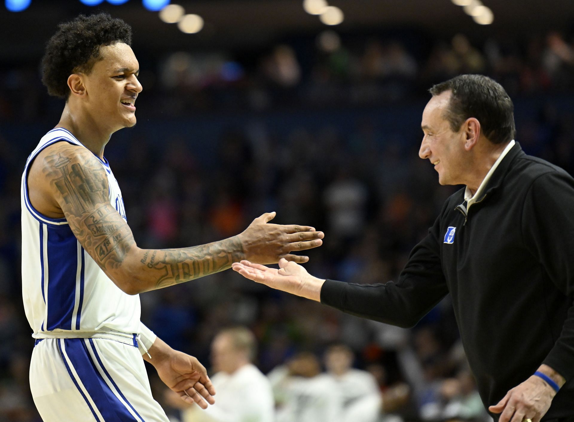 Duke Blue Devils freshman Paolo Banchero, left, and coach Mike Krzyzewski