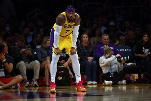 Carmelo Anthony of the LA Lakers at Crypto.com Arena on March 14 in Los Angeles, California.