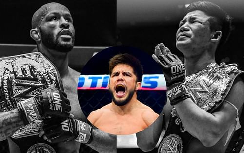 Henry Cejudo (center) is picking Demetrious Johnson (left) to beat Rodtang Jitmuangnon (right) in their mixed-rules bout at ONE X. [Photo credits: Getty Images for Cejudo, ONE Championship for Johnson and Rodtang]